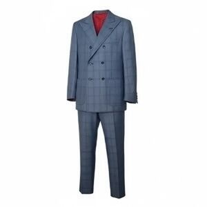 Adam Fashion Men's Windowpane Plaid Double Breasted 6Button Blue Suit 44L/38 NEW